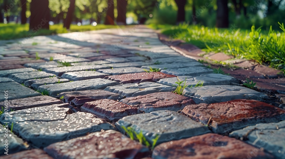 Poster laying stones on a walking path red brick for the path landscaping the path with cubes of gray and r