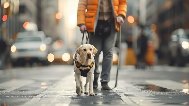 A Labrador Retriever wearing a service vest guides a visually impaired person.