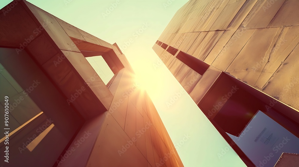 Poster abstract architectural background vertical geometric shapes sun reflection : generative ai