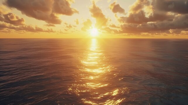 Witness the ethereal blend of sea and sky at sunset from a mesmerizing aerial perspective captured by a drones lens Flight over the ocean Ocean loop video background : Generative AI