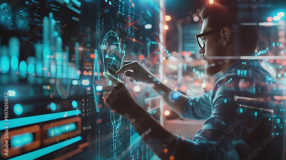 Aufkleber businessman analyzes profitability of working companies with digital augmented reality graphics posi