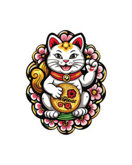 A cheerful maneki neko lucky cat holding a gold coin with the kanji for 