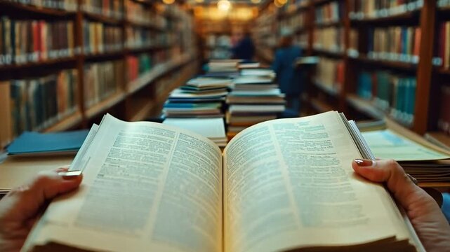 hands opening textbooks to read instructional material next to a college book shelfacademic reading desk in the school library 