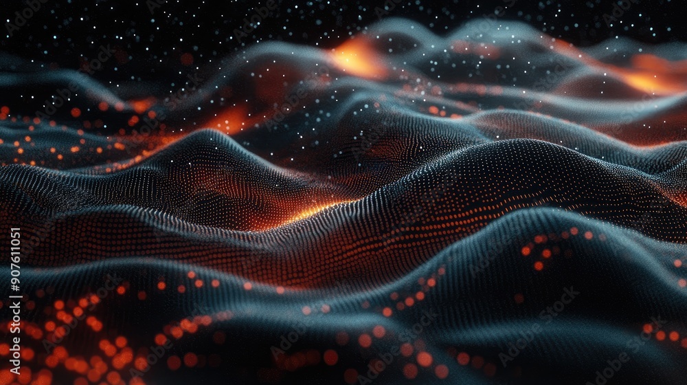 Poster a captivating digital landscape showcasing flowing waves of light and color, evoking depth and rhyth