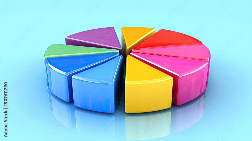 Poster colorful pie chart representing data segments on a reflective surface, ideal for presentations and a