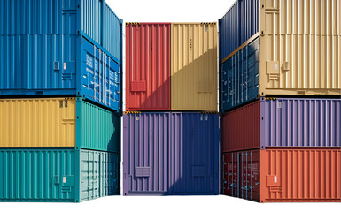 Fototapeta premium Stack of multicolored shipping containers isolated on transparent background