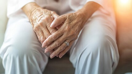 Close-up of elderly hands resting gently in lap, showcasing age and wisdom. Perfect for themes of care and aging.