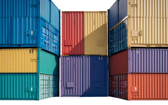 Stack of multicolored shipping containers isolated on transparent background