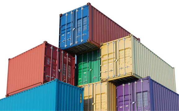 Stack of multicolored shipping containers isolated on transparent background