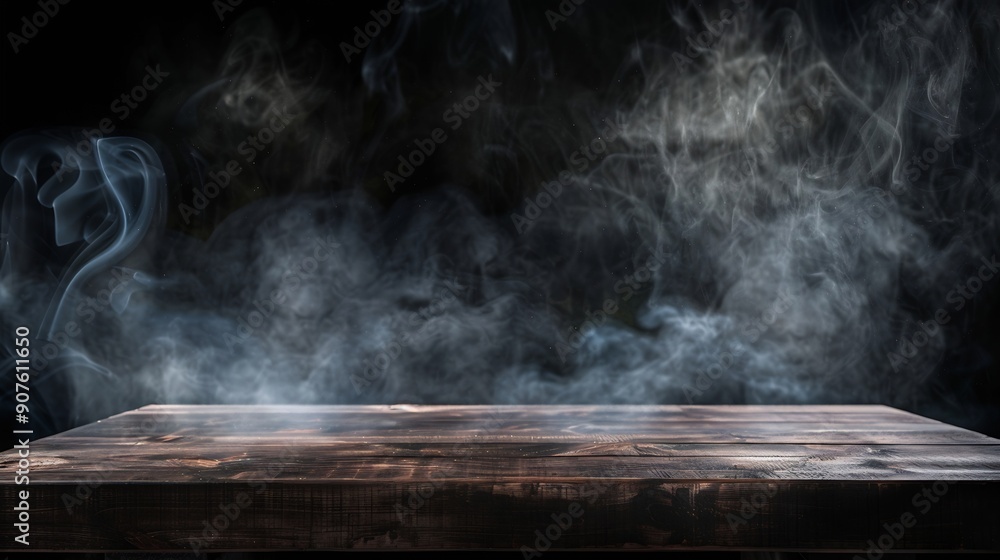 Poster empty wooden table with smoke float up on dark background empty space for display your products : ge