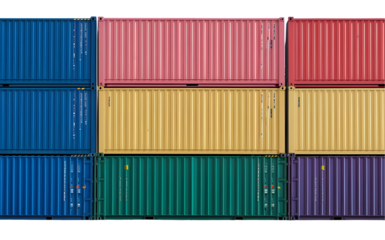 Stack of multicolored shipping containers isolated on transparent background