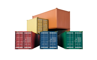 Stack of multicolored shipping containers isolated on transparent background