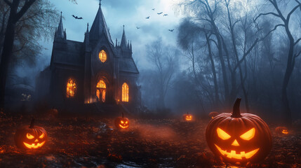 Halloween pumpkins and haunted house in a dark forest background