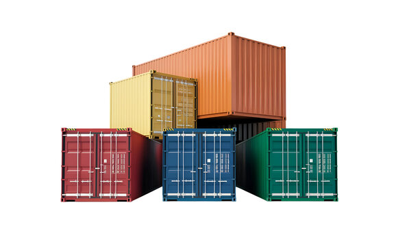 Stack of multicolored shipping containers isolated on transparent background