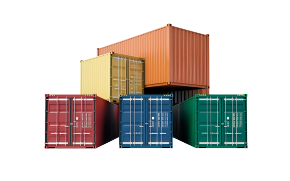 Stack of multicolored shipping containers isolated on transparent background
