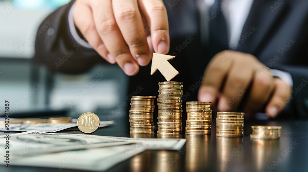 Poster quality control businessman showing cost with down arrow and quality with up arrow for business proj