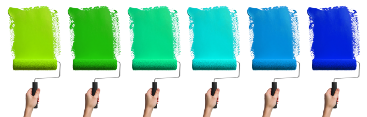 Set of hand painting holding roller brush with streak smear paint colours of green, lime, blue, turquoise, aqua on transparent cutout PNG file. Mockup template for artwork design