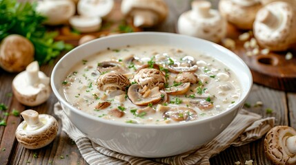 Delicious Bowl of Cream of Mushroom Soup Garnished with Crispy Fried Mushrooms for Gourmet Comfort Food Experience