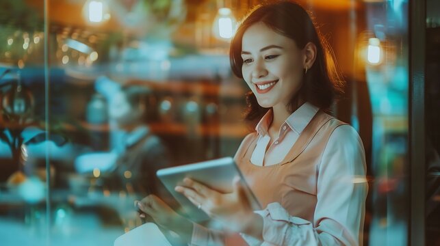 Beautiful smiling female manager looking through the window away while using digital tablet and managing business in restaurant kitchen : Generative AI