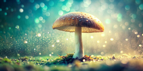 A single mushroom stands amid a forest floor, illuminated by shimmering light particles. The background features a dreamy bokeh effect with hues of green and blue, creating a magical ambiance.AI gener