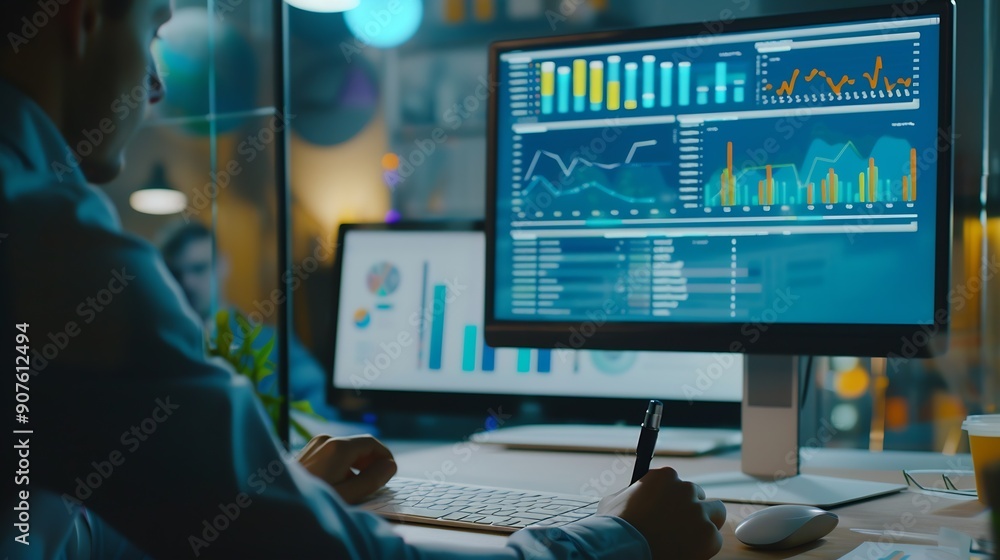 Poster Business people use computers to analyze business and manage corporate data business analytics with charts metrics and KPIs to improve organizational performance financial organization : Generative AI