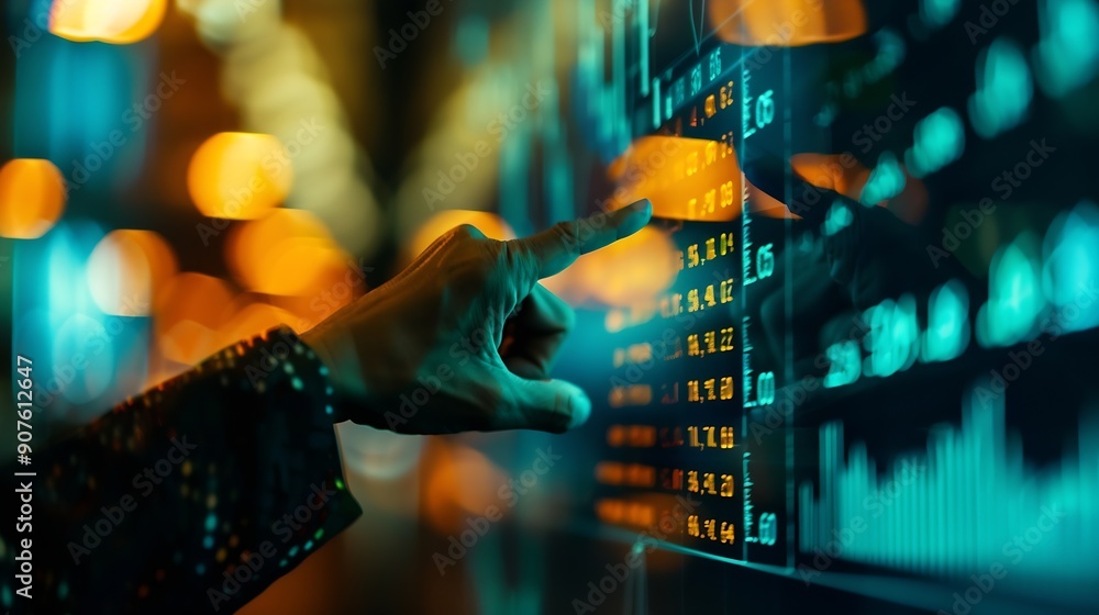 Poster Hand of trader checking stock market data on screen : Generative AI