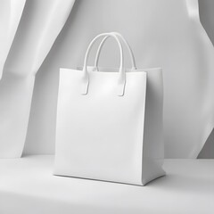 white paper bag on white, white paper bag, white shopping bag, bag, luxury modern design bag, luxury modern white bag.