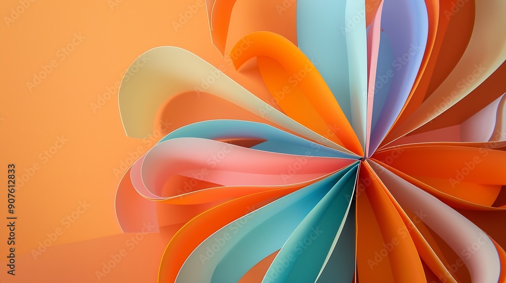 Poster macro image of colorful curved sheets of paper shaped like a flower on orange background : generativ