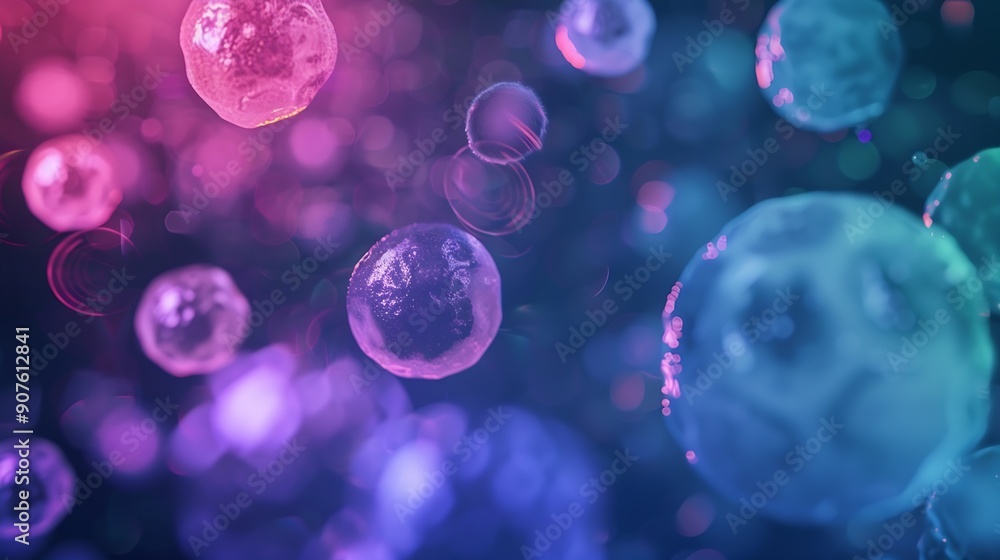 Leinwandbilder Closeup of abstract background with round shaped cells of vaccine of different sizes illuminated by colorful light : Generative AI