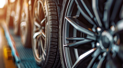 Close-Up of New Car Tires at Automotive Shop - Wheel of a Car. 