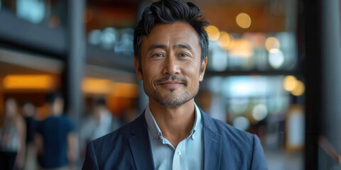 A confident businessman in a suit standing outdoors in an urban setting, with bokeh lights and a modern background.