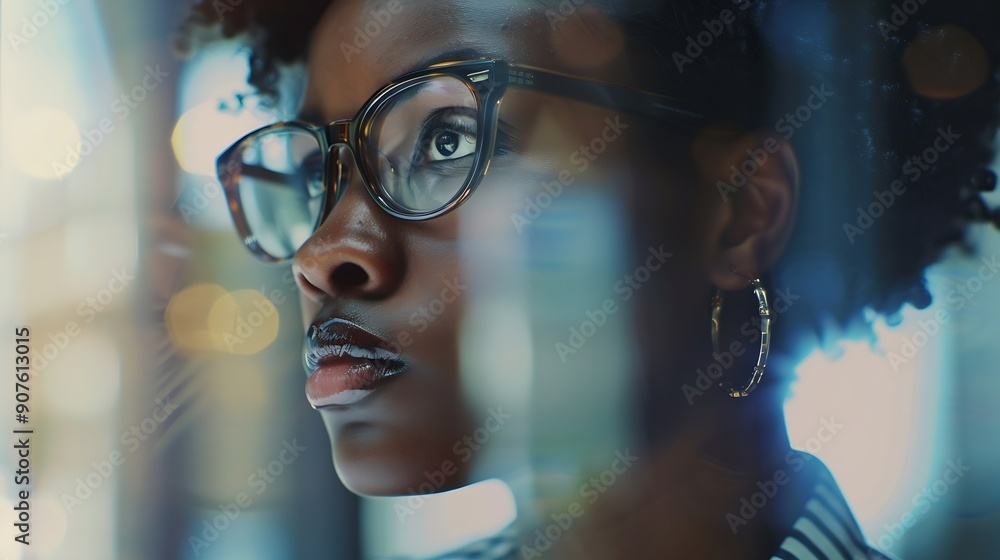 Aufkleber office laptop and black woman reflection in glasses and thinking checking email or search on digital