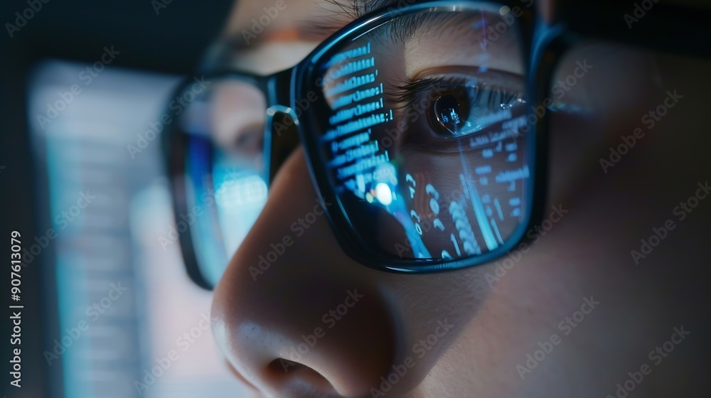 Poster Closeup portrait of focused software engineer wearing eyeglasses looking at computer screen working with big data Programming code reflecting in glasses Data science Machine Learning A : Generative AI