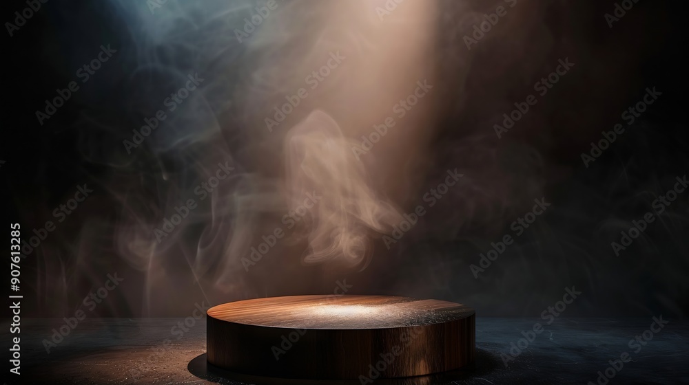 Poster The empty wooden cylinder shape of product display Podium Stand for showing or design blank backdrop dark abstract wall with smoke float up Platform illuminated by spotlights : Generative AI