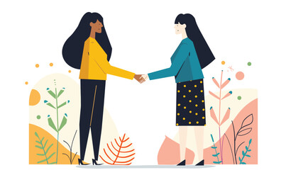Two females handshake agreement business vector illustration. Women businessmen shaking hands partnership teamwork deal conclusion. Characters bright clothes nature background professional workplace