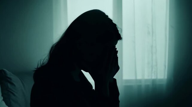 Silhouette lonely sad woman in despair sorrow. Mental health problem. Girl with depression suffering in room. Unhappy person cry feel hopelessness. Life trouble, money loss concept. Stressed emotion.