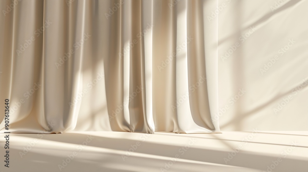 Poster Minimalistic abstract gentle light beige background for product presentation with light and shadow of window curtains on wall : Generative AI