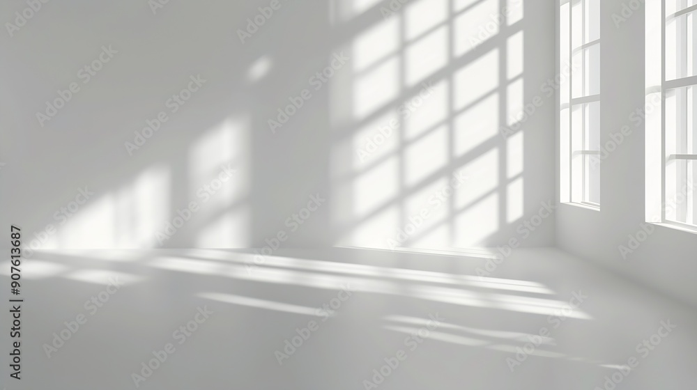 Aufkleber Abstract White Studio Background for Product Presentation with Window Shadows and Sunlight Blurred Backdrop Empty Room With Copy Space : Generative AI