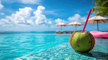 Juicy tropical coconut on border of a swimming pool with pink Inflatable ring,coconut tree,beach umbrellas by the blue sea,holiday tropical,outdoor luxury beach resort or hotel concept.