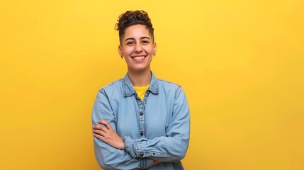 Non binary person standing over yellow background happy face smiling with crossed arms looking at the camera positive person : Generative AI