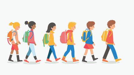 School children walking outdoor trip, teamwork. Five diverse ethnicity kids wearing backpacks stroll forward. Group elementary students dressed casual clothes journey