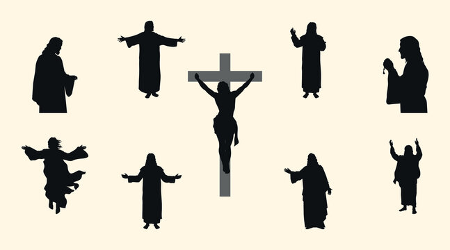 Set of black silhouettes of Jesus Christ. Vector on a light background.