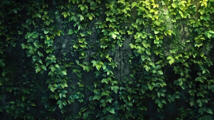 Ivy covered wall illuminated by natural green light