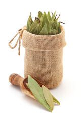 Close-up of Dry Organic Indian Bay Leaves (Cinnamomum tamala) or Tezpatta, in a jute bag and on a...