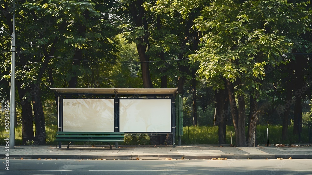 Aufkleber Billboard at the bus stop Green trees in the background Mockup : Generative AI