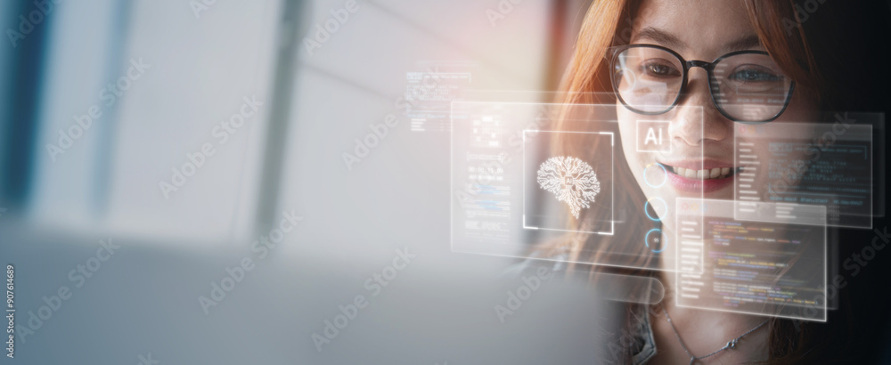 Poster ai artificial intelligence. business woman using ai technology for data analysis, coding computer la