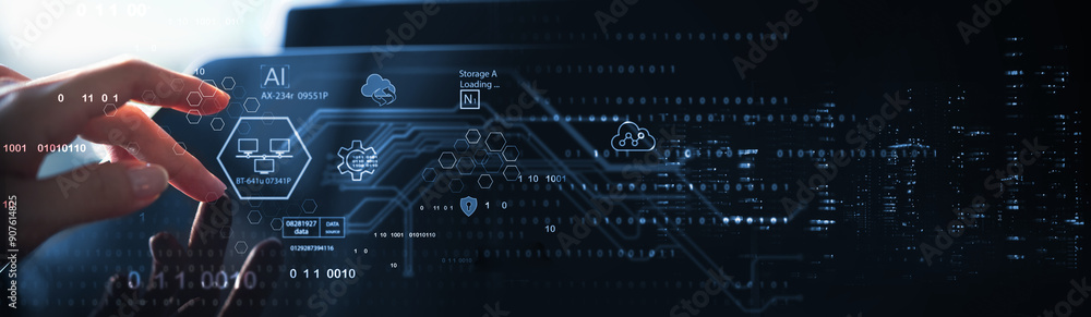 Fototapete data science, database management, futuristic information technology background. data engineering wi