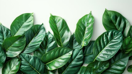 Fototapeta premium Tropical green leaves against a minimalist white background, highlighting the intricate details and natural patterns of each leaf