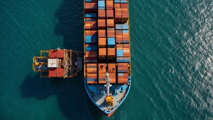 Fototapeta premium Cargo ship with containers in blue sea from above.