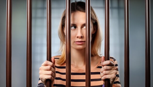 A woman, female prisoner in a cage, behind the grids, jail, crime